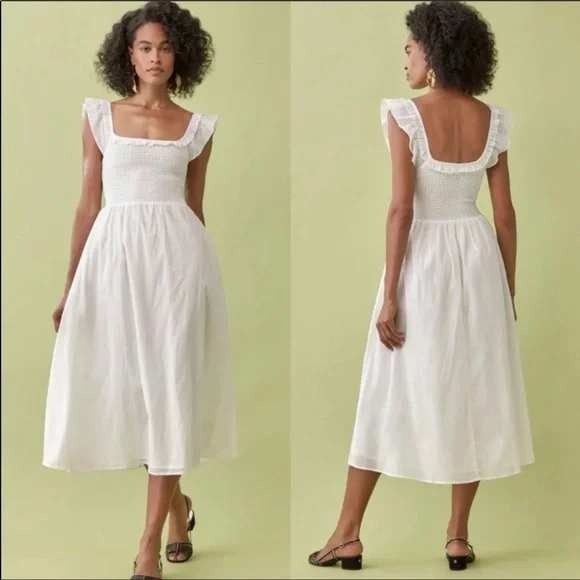 Reformation Dresses & Skirts - Reformation White Linen‎ Blend Ruffle Strap Bow Front Midi Dress Size 4